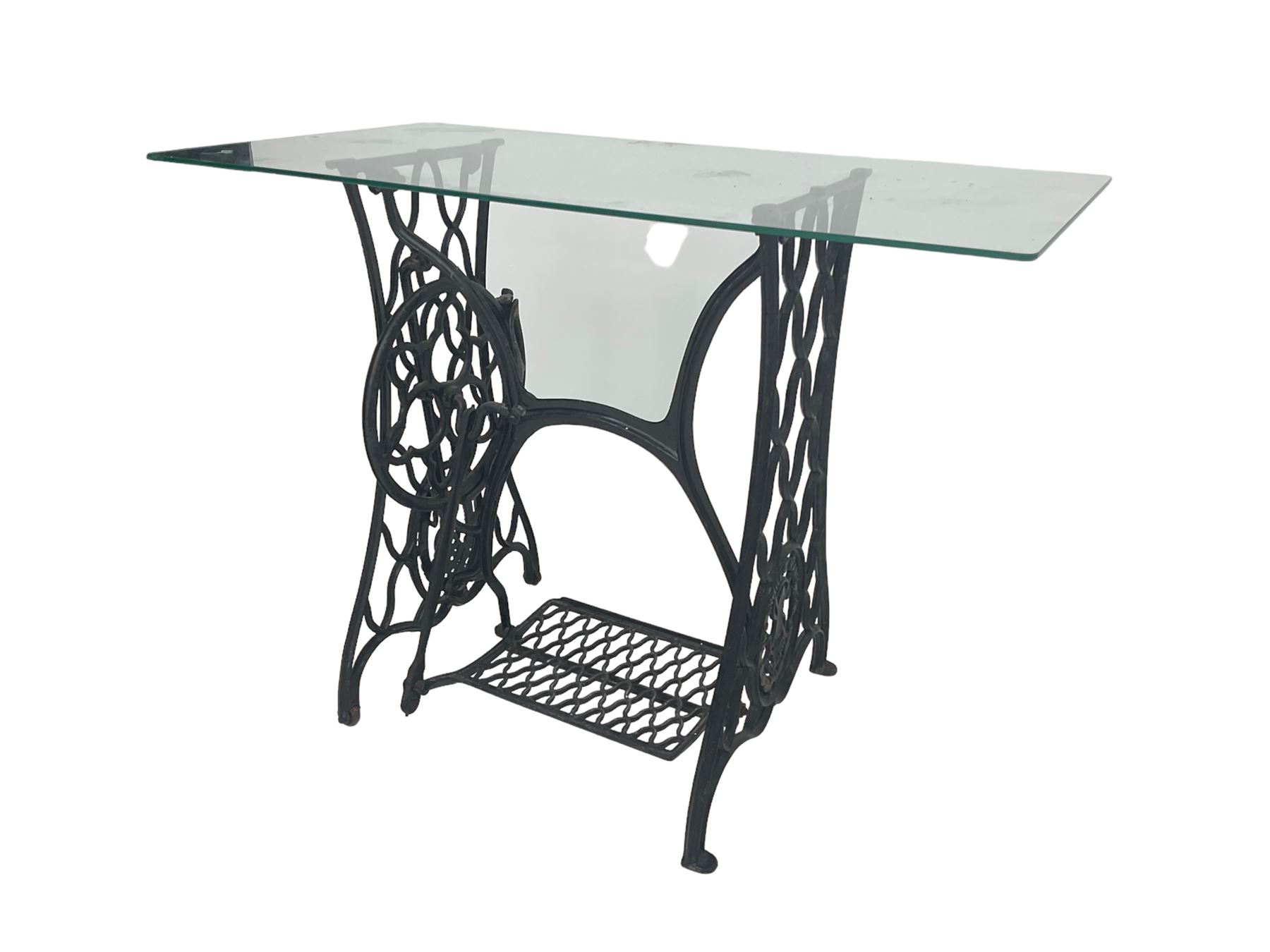 Singer - early 20th century cast iron sewing machine table, with rectangular glass top