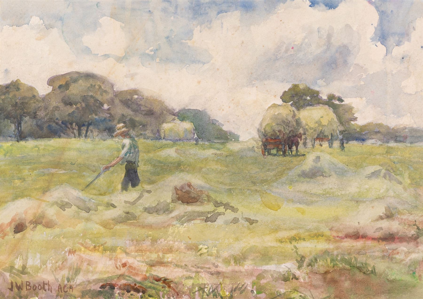 James William Booth (Staithes Group 1867-1953): Man with Scythe in the Hayfield, watercolour signed 25cm x 35cm