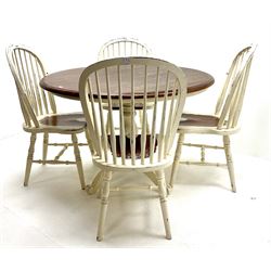 Laura Ashley Bramley range French style cream pedestal dining table with polished top (D120cm, H78cm) and set four stick back chairs, turned supports joined by stretchers (W48cm)
