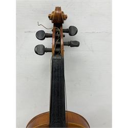 Czechoslovakian violin c1920 with 36cm two-piece maple back and ribs and spruce top, bears label 'Copy of Antonius Stradivarius Made in Czechoslovakia' L59cm; in carrying case; 1950s Czechoslovakian violin; and 195os Czechoslovakian three-quarter size violin; both cased (3)