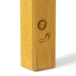 Woodwormman - oak console table, rectangular top over open frame with plain frieze, united by a low tier stretcher shelf, with carved Woodworm signature, by Nigel Dixon, Topcliffe, Thirsk