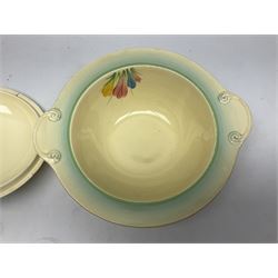 Clarice Cliff twin handled lidded tureen decorated in the Crocus pattern, with printed and impressed marks beneath, W27cm