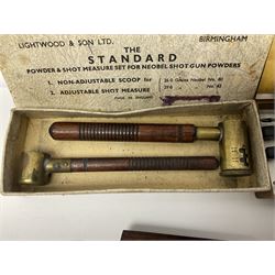 Six pairs of revolver grips;  pair of Lightwood & Son Ltd powder/shot measures in original box; and boxed Colt hammer shroud 