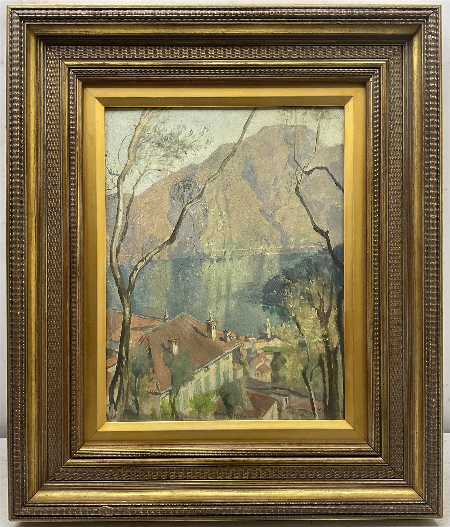 Mary Dawson Elwell (British 1874-1952): 'From Acquafredda' Italy, oil on panel signed and indistinctly dated 1923?, original title label verso 34cm x 26cm