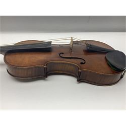 German trade violin c1900 with 35.5cm two-piece maple back and spruce top; bears label 'Made in Germany Apollo Class 6 No.2132' L59cm; in carrying case with two bows