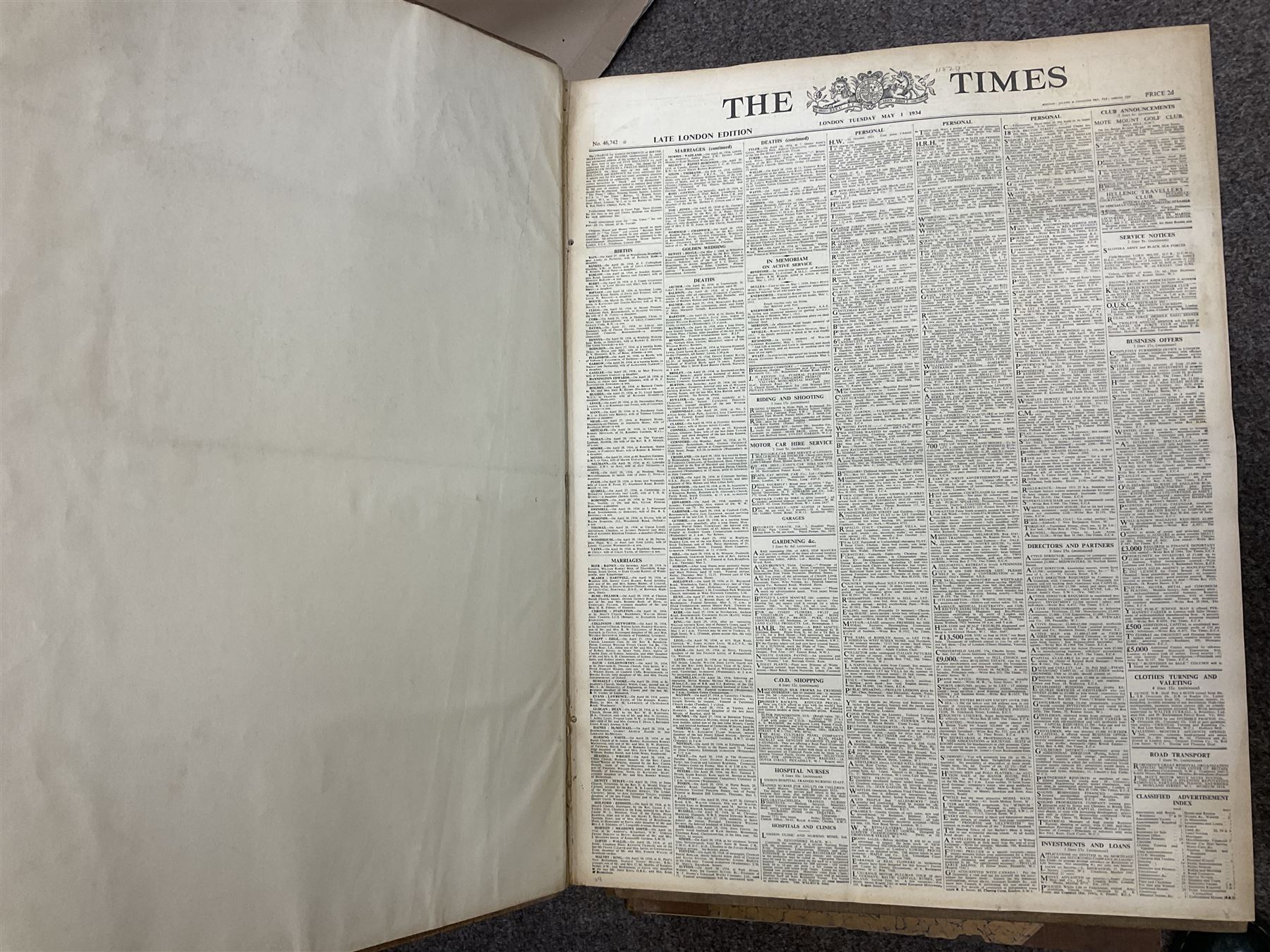 The Times Newspaper; an archive of The Times newspapers bound as five albums comprising, 1930 July & August, 1924, May & June, 1932 May & June, 1934 May & June, 1935 May & June