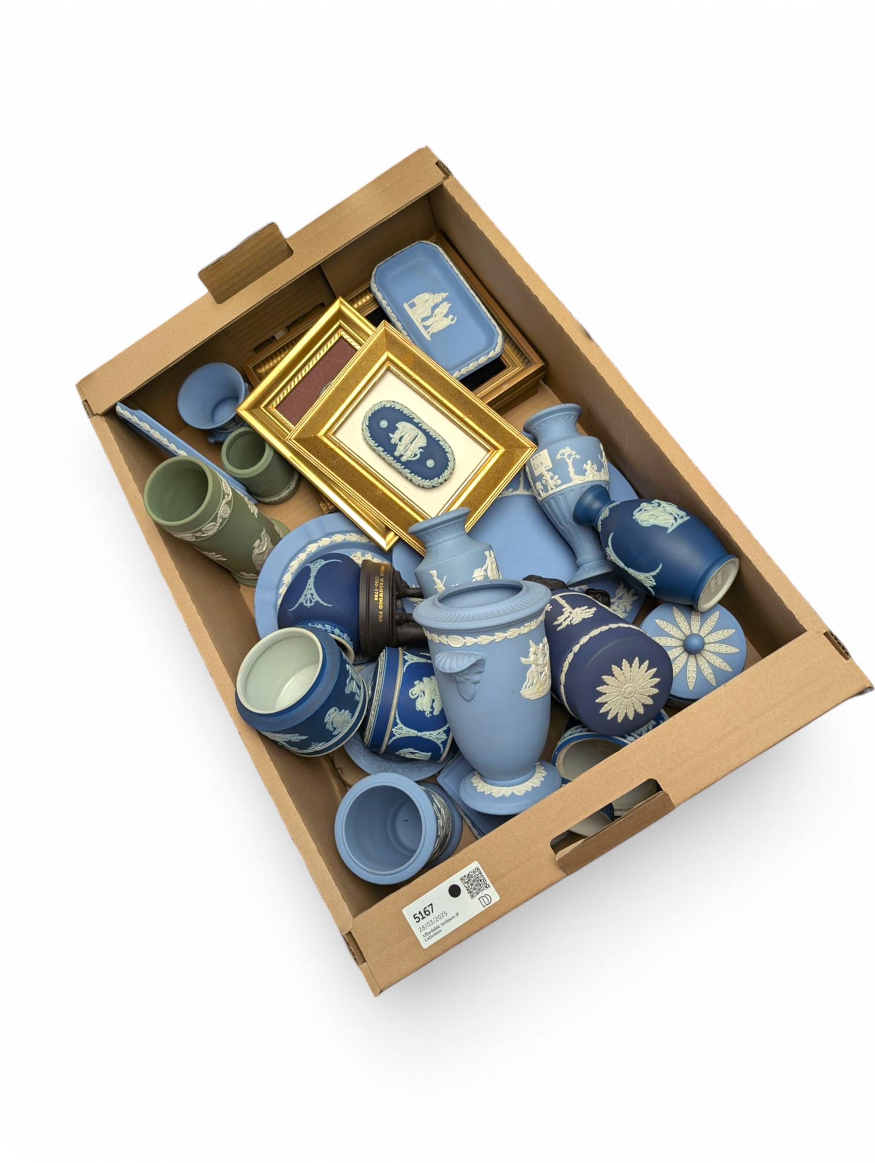 Collection of Wedgwood Jasperware, including vases, jars, framed plaques, etc and Josiah Wedgwood figure