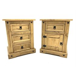 Pair rustic pine bedsides, one fitted with drawer and cupboard and other fitted with three short drawers, both raised on shaped plinth base 