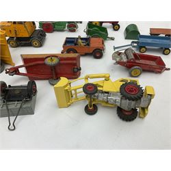 Dinky - nineteen unboxed and playworn/repainted die-cast models including Muir Hill Dumper, Muir Hill 2WL and Heavy Tractor; all repainted; Coles Mobile Crane, two Aveling-Barford steam rollers; Massey-Harris tractor and manure spreader; Land Rover; nine various trailers etc (19)
