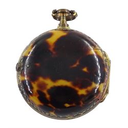 18th century gilt pair cased verge fusee pocket watch by Robert Hyland, London, No. 13345, round baluster pillars, pierced and engraved balance cock, white enamel dial with Roman hours and outer Arabic minute ring, beetle and poker hands, the outer tortoiseshell case with pique work borders