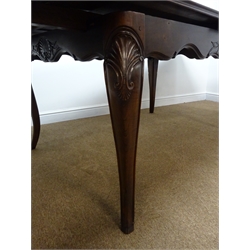  French walnut extending dining table, draw leaf top with burr walnut panels, shaped frieze on shell carved angular cabriole legs, H74cm, 105cm x 140cm - 250cm    