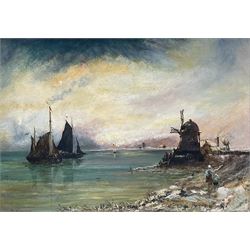 Attrib. William Williams of Plymouth (British 1808-1895): 'Dutch Winter Sunset', oil on mahogany panel signed, titled verso 25cm x 35cm