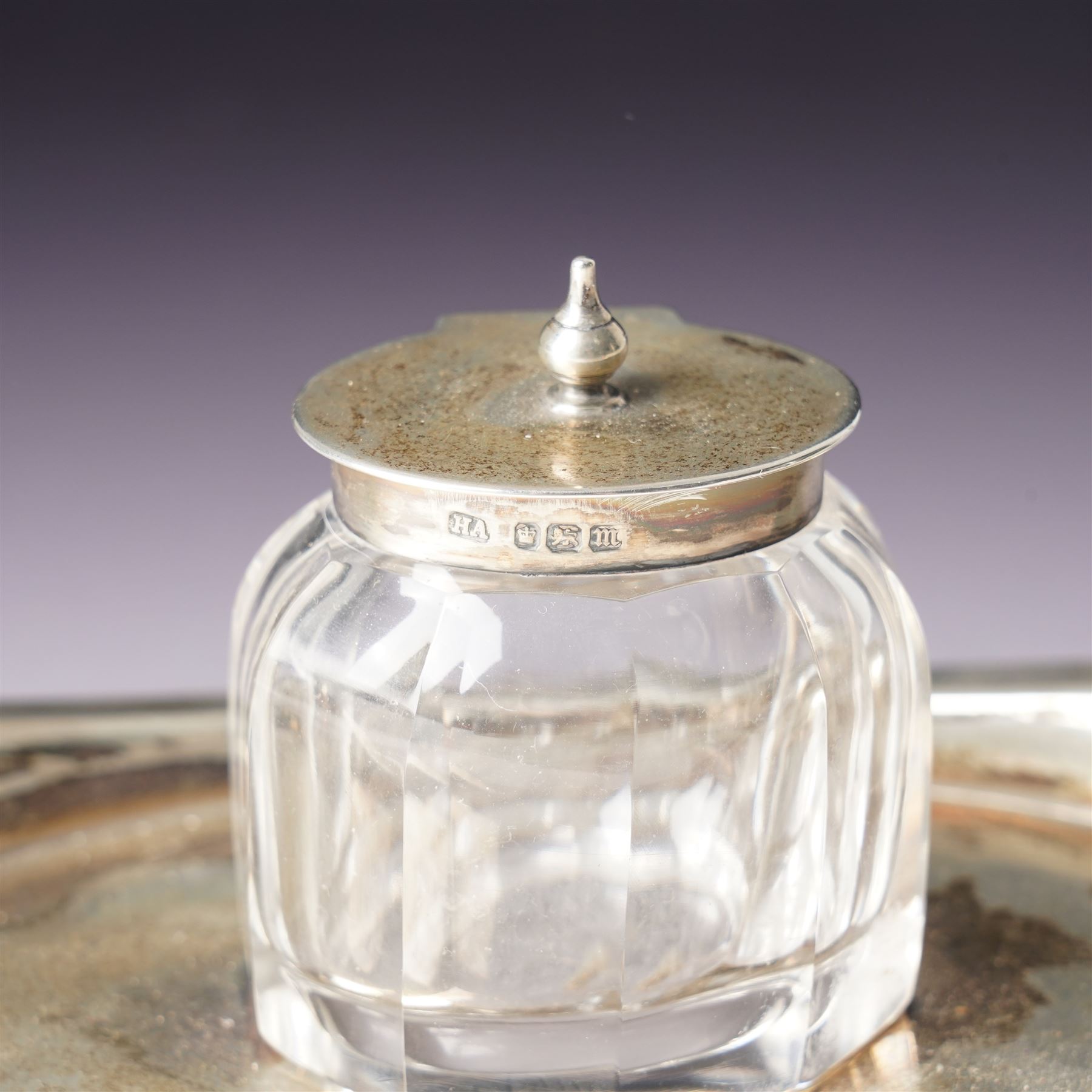 Edwardian silver navette shape inkstand with silver mounted glass inkwell, presentation inscription and splay feet L20cm Sheffield 1904 Maker Atkin Bros