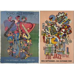 Sir Eduardo Paolozzi CBE RA (Scottish 1924-2005): 'Soho Jazz Festival 1990 and 1989', two exhibition posters 54cm x 39 and 41cm x 31cm, respectively (2)