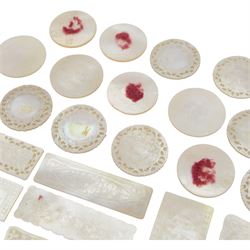 Chinese mother of pearl gaming tokens, of varying shape and design, including carved and engraved examples