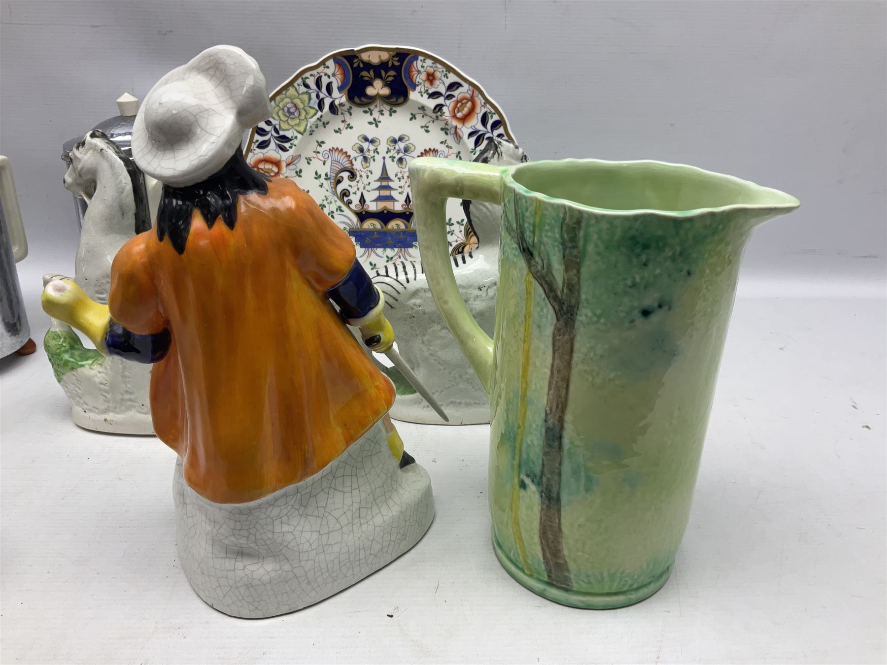 Stayhot teapot and coffee pot, with silver plate clad ceramic bodies, together with another similar coffee pot, jug and sucrier, Staffordshire style flatback figures comprising pair of zebras and cavalier type figure, Melba Ware woodland jug etc