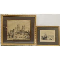 Alfred Louis Brunet-Debaines (French 1845-1939): Whitby Harbour, etching signed in the plate 14cm x 20cm; Albert Thomas Pile (British 1882-1981): Bootham Bar York, etching signed in the plate 27cm x 32cm (2)