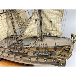 Wooden model of the three mast sailing ship with full rigging, on a wooden display base, H95cm, L110cm