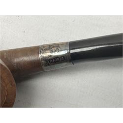 Collection of eight silver mounted pipes, comprising a briar wood Imperial ITC example with silver collar hallmarked A.W Birmingham 1903, horn handled example with silver collar hallmarked LB, probably Louis Blumfeld, Birmingham 1900, three examples marked B.W, one marked Globe A.O.C, Blumfeld's Best Briar pipe marked BBB and Riseagle example, together with two further pipes (10)