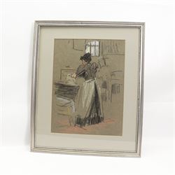 Horace Mann Livens (British 1862-1936): Lady Working in the Kitchen, pastel signed with initials 35cm x 26cm 