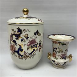 Masons Ironstone in the Mandalay pattern stepped dish, vase, jug , covered jar and two picture frames 
