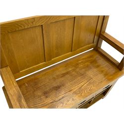 Light oak hall bench, tripled panelled back, fitted with drawers and shoe holes