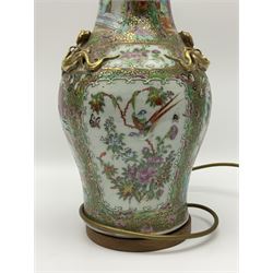 19th century Chinese Canton Famille Rose vase, decorated with figural panels against floral and foliate scroll ground, converted to a lamp, H46cm