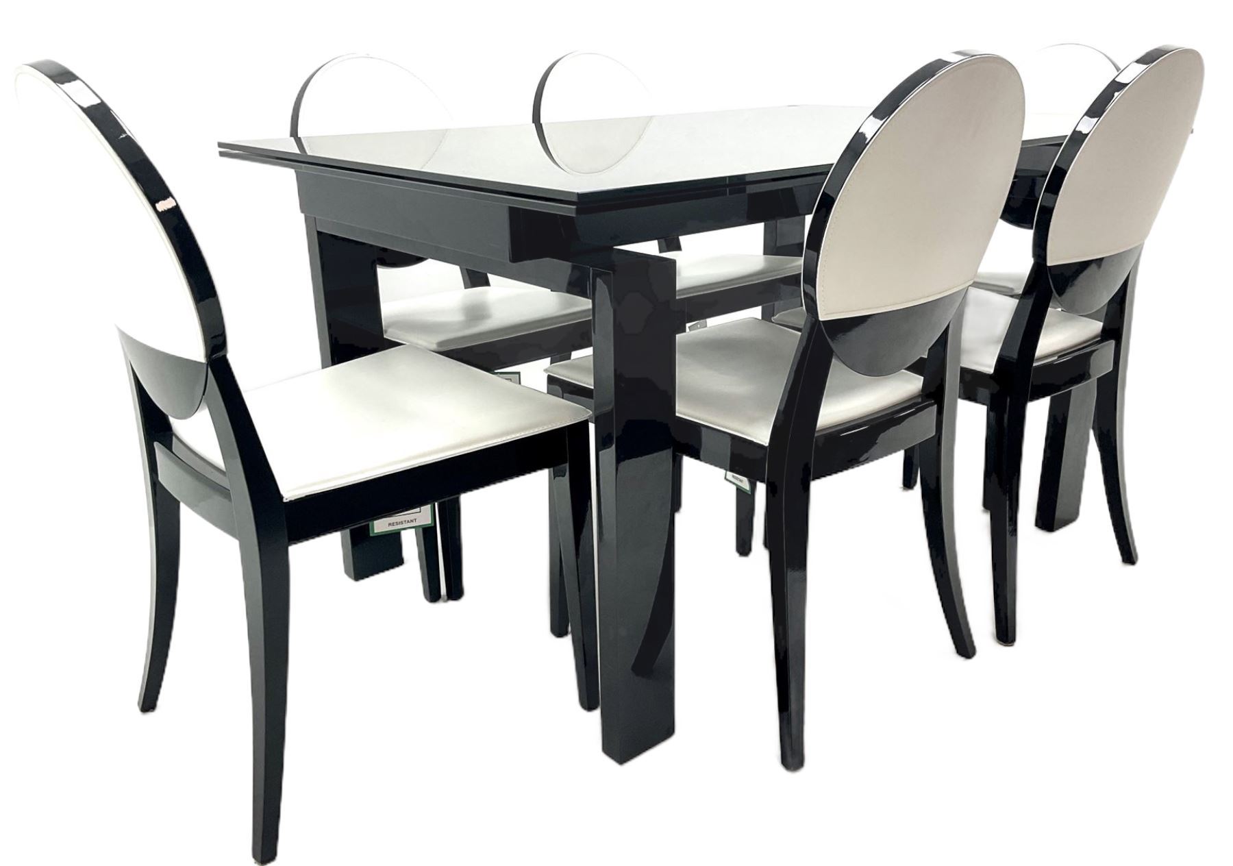 Casabella Dolce Vita black gloss and glass extending dining table, rectangular, and set six chairs black and white dining chairs