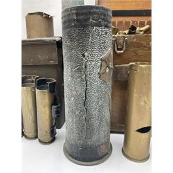 Large collection of shell and bullet casings, including a trench art example, together with a metal cartage case and wooden case