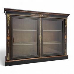 Victorian ebonized Credenza, rectangular top, underside inlaid with burr-walnut, above two...