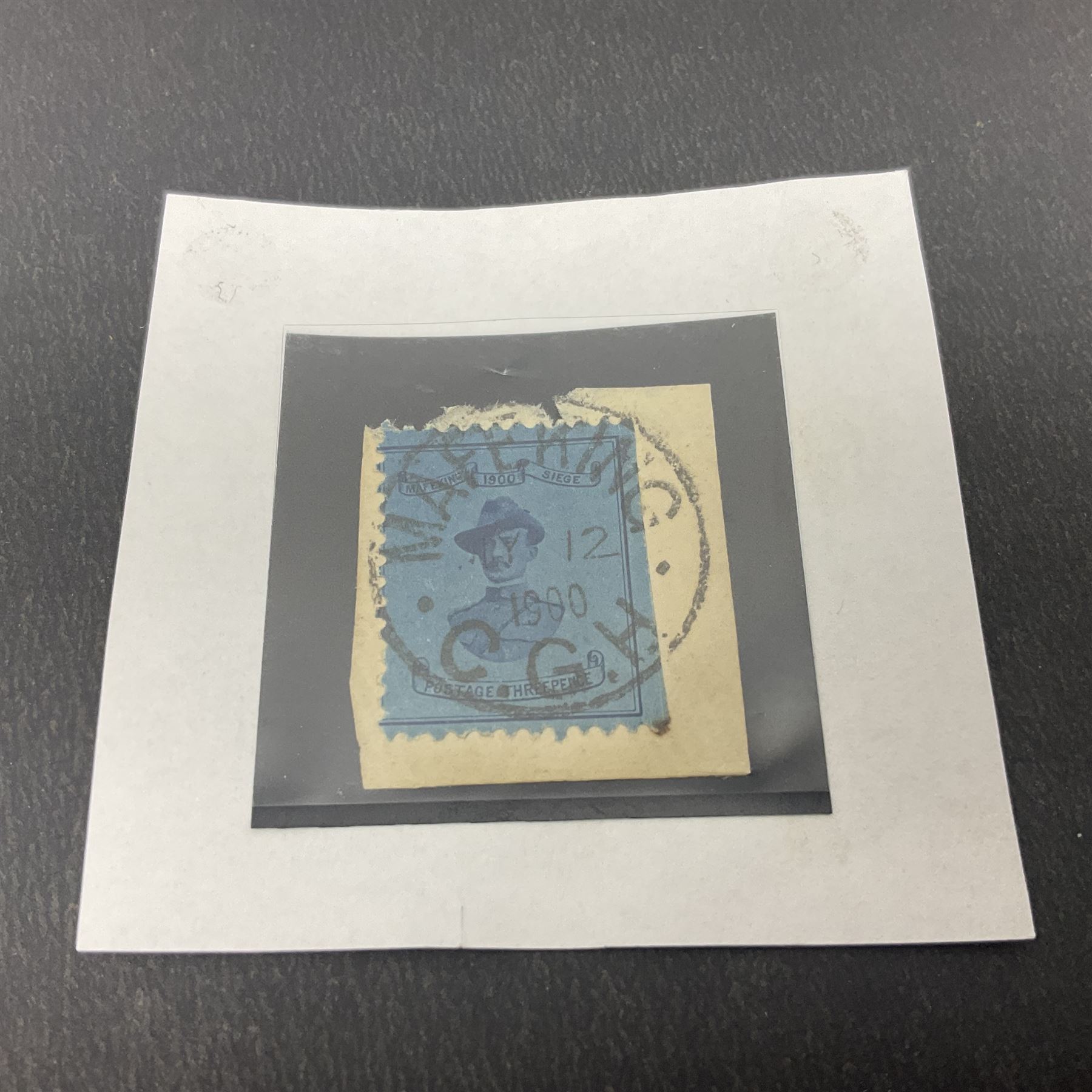 Second Boer War interest, General Baden Powell 1900 threepence stamp, used with 'Mafeking 1900 C.G.H' postmark, on piece 