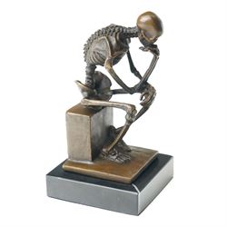Bronze skeleton modelled as 'The Thinker', on black marble base, signed 'Milo' to plinth, H14cm