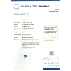 18ct and platinum emerald and diamond pendant necklace, the single heart cut emerald of 3.48 carat, the bail set with two old cut diamonds, London 2019, on an 18ct gold trace link chain necklace, with Alan Poultney Gems report, the emerald with The Gem & Pearl Laboratory report