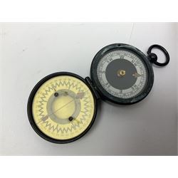 WW1 Short & Mason Ltd 'The Magnapole' black japanned brass field compass in leather carrying case; WW1 trench art paper knife inscribed Dixmude; and small quantity of cloth badges etc