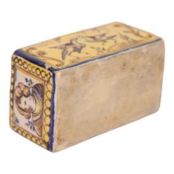 19th century Spanish faience pot of rectangular form with polychrome tin glaze decorated depicting birds and rabbits upon a yellow ground, H6cm, L12cm