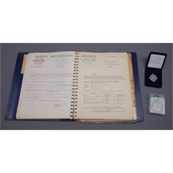  Michelin tyre interest - binder containing large quantity of early 1960s French paperwork relating to fuel consumption tests carried out to promote the benefit of the new radial tyres over crossply Silva Sweden Michelin Muslims Compass, boxed with paperwork and 1987 Diamond Jubilee Commemorative medallion, boxed (3)  