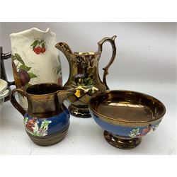 Group of Victorian and later copper lustre, to include jugs painted with flowers, bowls etc, pink Sunderland lustre jug decorated with black transfer scene, other ceramics to include Alfred Meakin lidded tureen etc