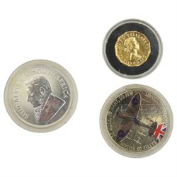 Silver pocketwatch marked Robert Gravenor, Chester, 1892 (damaged), 2017 silver Krugerrand with four other coins; and a Rolex style wristwatch