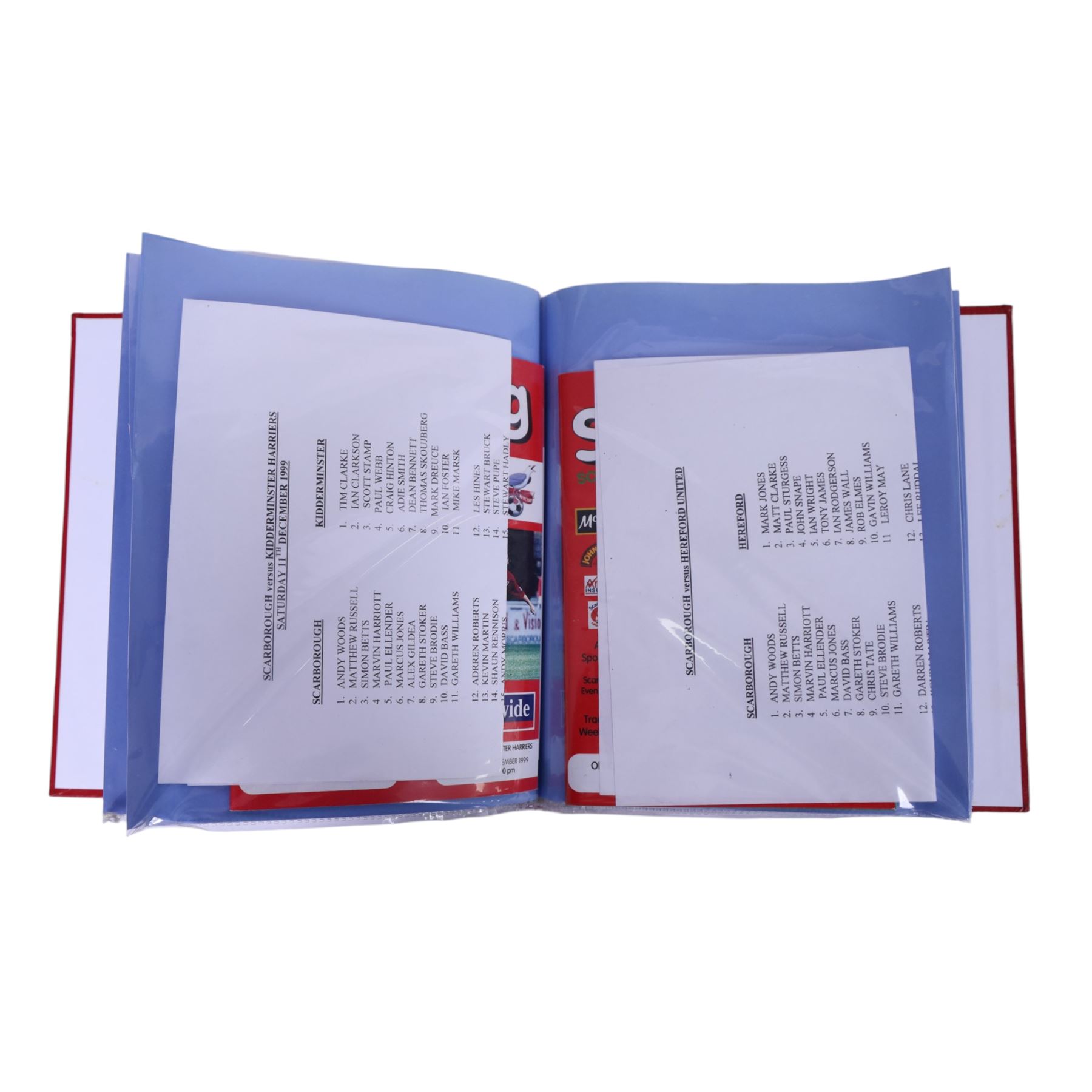 Comprehensive collection of approximately two hundred and twenty Scarborough FC football programmes for the 1999/00, 2000/01, 2001/02 and 2002/03 seasons, all filed within eight dedicated Scarborough FC red Home and Away binders