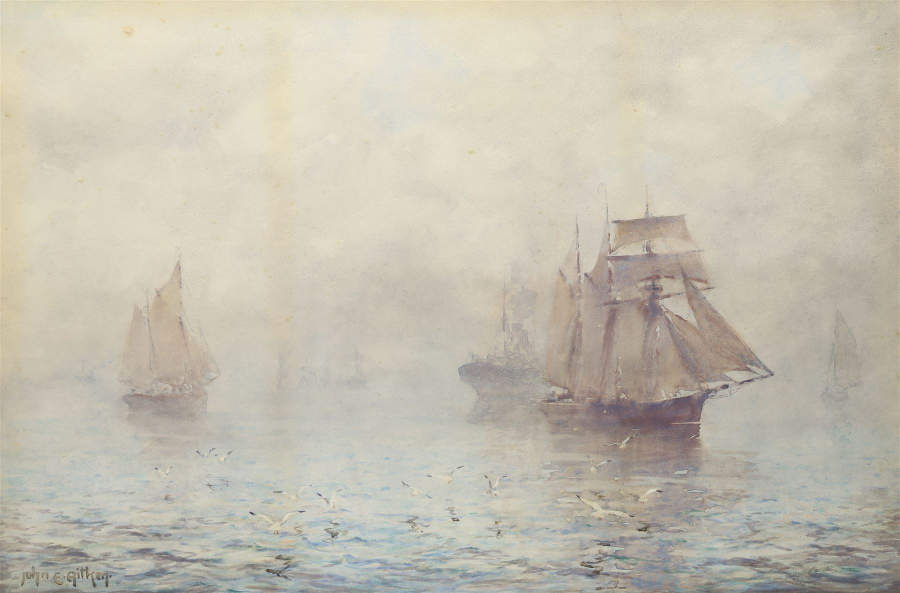 John Ernest Aitken (Scottish 1881-1957): 'Mist on the Mersey', watercolour signed, titled on Chas. Rowley and Co 1910 Ltd label verso 33cm x 49.5cm