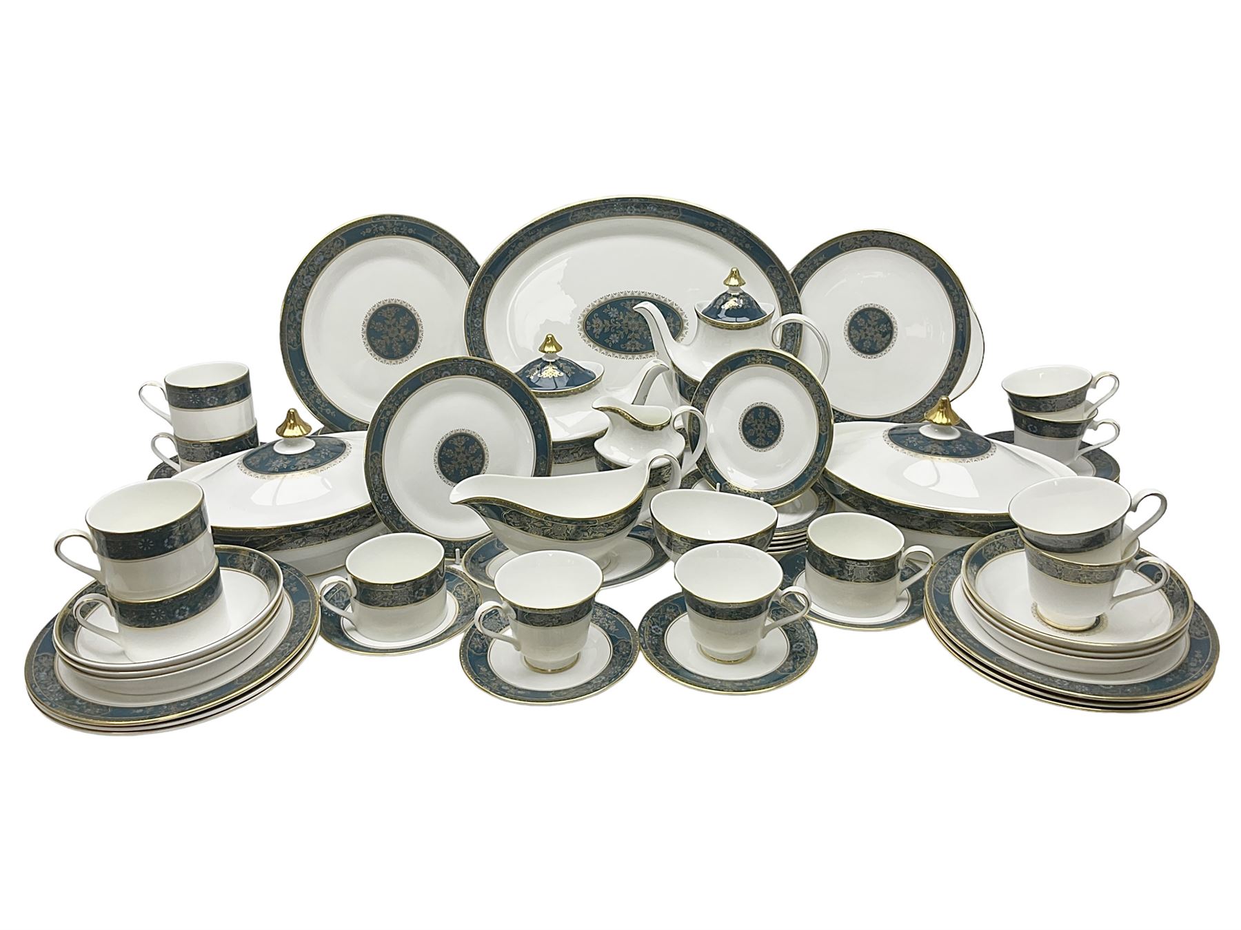 Royal Doulton Carlyle pattern tea and dinner service for six, to include teapot, coffee pot, teacups and saucers, coffee cups and saucers, milk jug, open sucrier, dinner plates, side plates, bowls, soup bowls, to covered dishes etc (64) 