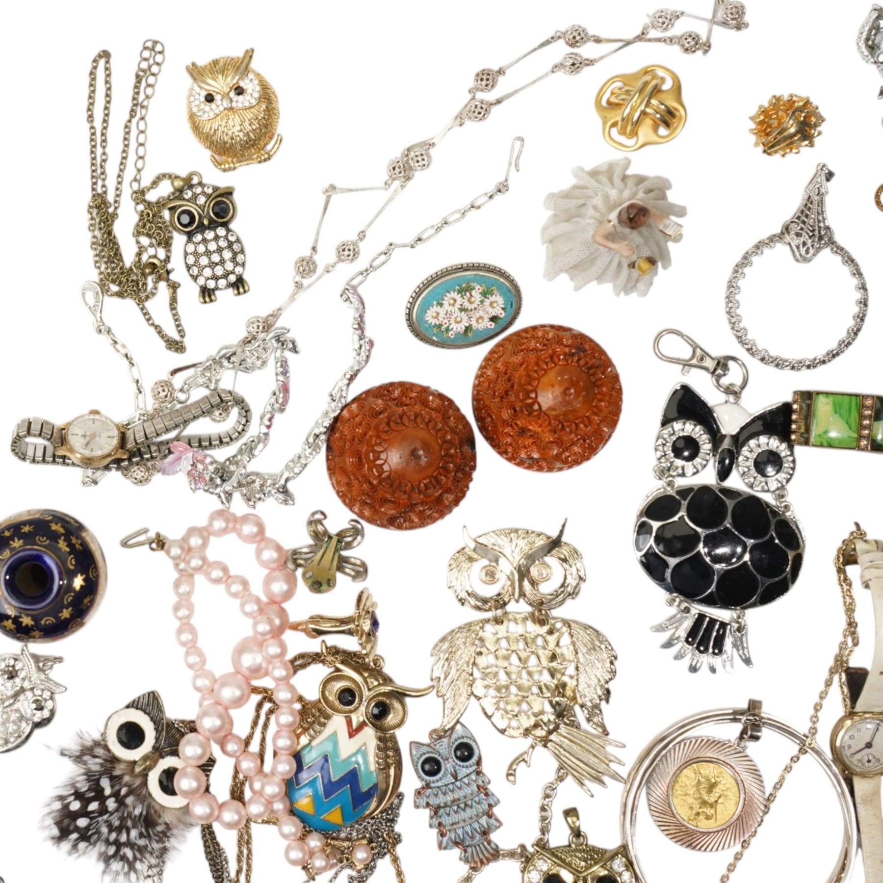 Early 20th century gilt metal swallow necklace, 18ct '13' heart pendant, silver panel bracelet, silver chatelaine hand mirror, Birmingham 1922, Halcyon Days enamel box, ladies Rotary wristwatch, Spendid pendant watch, miniature Japanese Satsuma vase and other costume jewellery 
