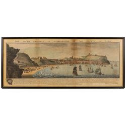 After Samuel Buck (British 1696-1779) and Nathaniel Buck (British fl. 1724-1759): The South Prospect of Scarborough in the County of York, hand-coloured engraving unsigned 31cm x 82cm
Notes: Originally published 1745.