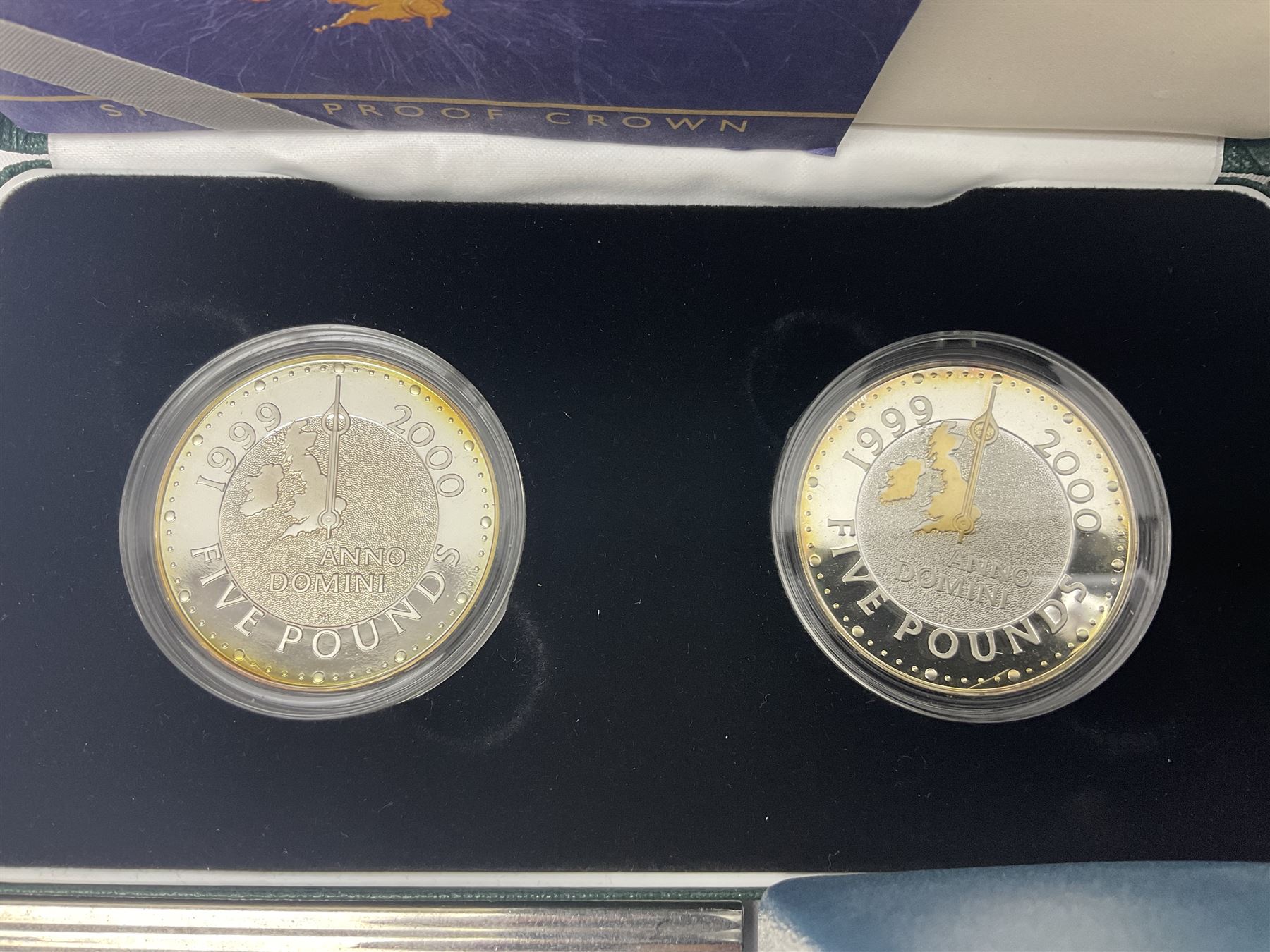 The Royal Mint United Kingdom 'Millennium' silver proof two coin set comprising 1999 and 2000 five pound coins, 2000 'The Queen Mother Centenary Year' silver proof crown, 2001silver proof one pound, 'Her Majesty The Queen Golden Jubilee 1952-2002' silver proof 2002 five pound coin and ten pound banknote set, all being cased with certificates, United Kingdom 1999 brilliant uncirculated coin collection in card folder, other commemorative coinage etc
