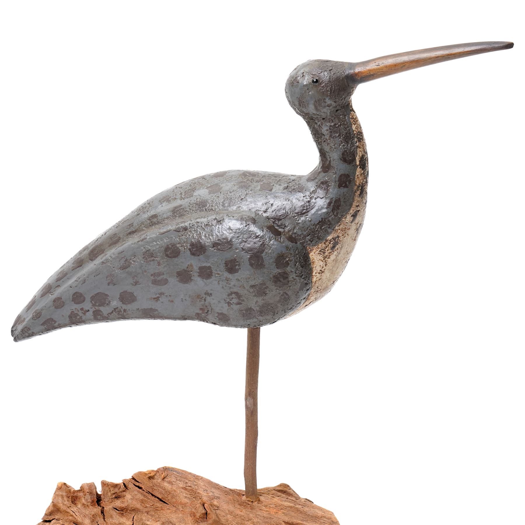 Carved decoy model of a Wader, c1900, on driftwood base, H38cm 