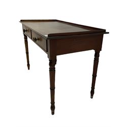 19th century mahogany side table, rectangular top with raised gallery, fitted with two drawers, on turned supports with ebonised detail
