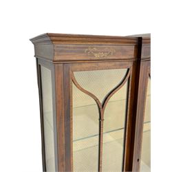 Edwardian inlaid mahogany display cabinet on stand, the stepped and shaped top with moulded cornice over frieze inlaid with floral garlands, central door and front astragal glazed with satinwood slips and panelled with quarter veneers, oval panels inlaid with flowers and birds, on acanthus carved and fluted supports