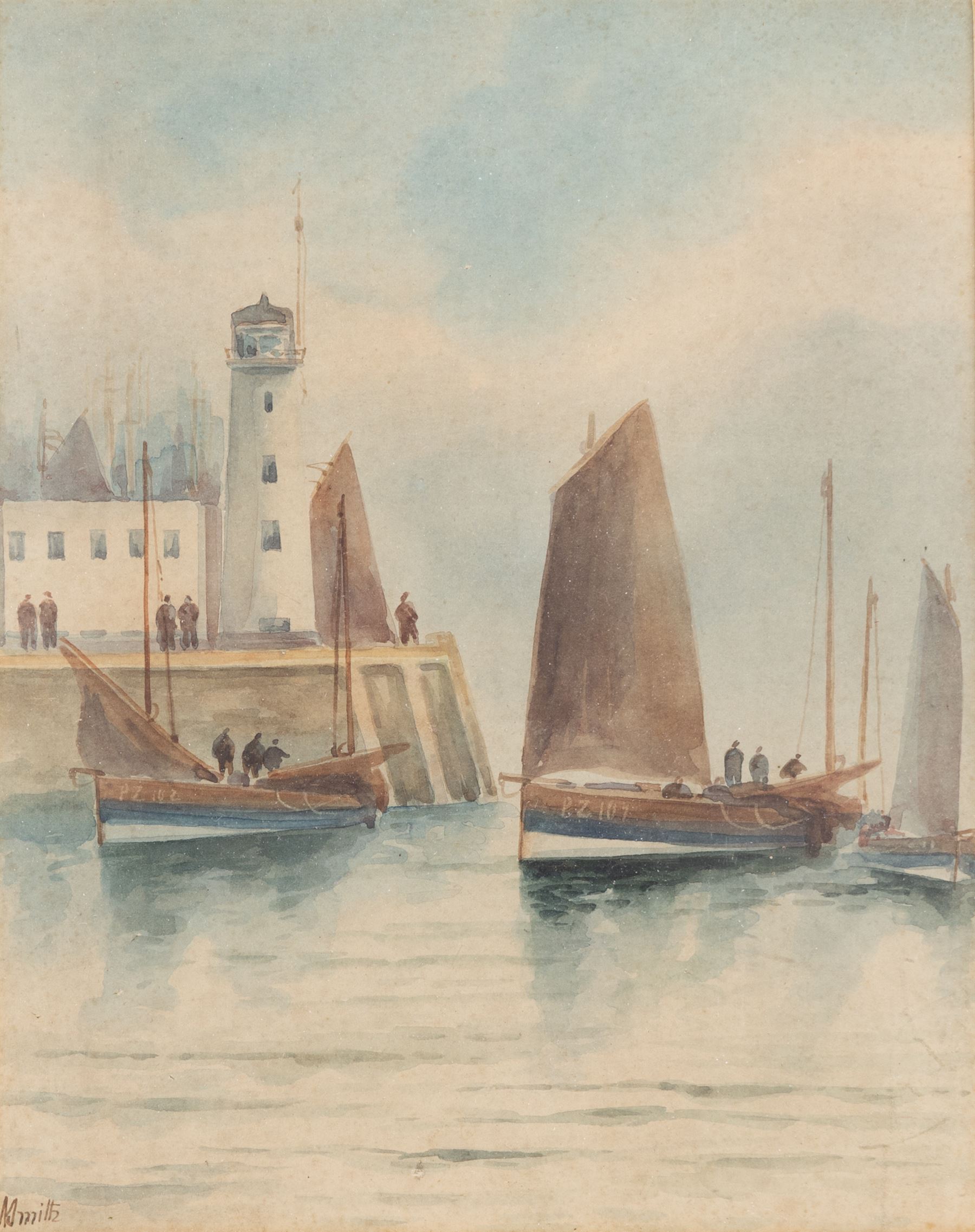 A Smith (British 19th/20th Century): Scarborough Pier Lighthouse, watercolour indistinctly signed 24cm x 19cm; C Marr (British 19th/20th Century): 'Whitby Harbour', two watercolours signed, one titled verso, 20cm x 28cm and 22cm x 29cm (3)