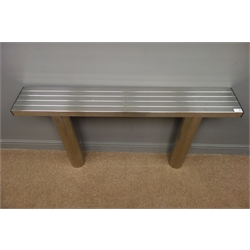  Stainless steel bench, W121cm, D20cm and Stainless steel bollard, (Diameter - 12cm, H121cm) and a galvanised hoop sign, (H110cm, W750cm  