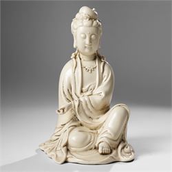 Three Chinese blanc de chine figures, each depicting Guanyin seated, Dehua province, two with double gourd and potters seal marks to the reverse 
